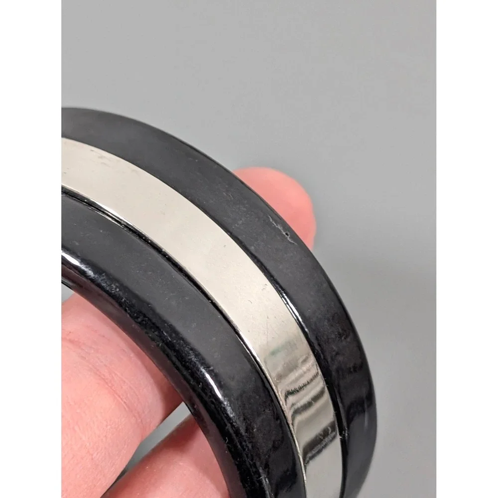 Black Acrylic Bangle Bracelet‎ Wide Chunky Silver Tone Inlay 8 in